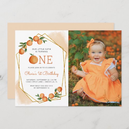 Photo Little Cutie Orange 1st Birthday Invitation