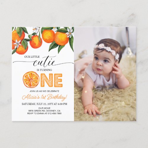 Photo Little Cutie Orange 1st Birthday Invitation Postcard