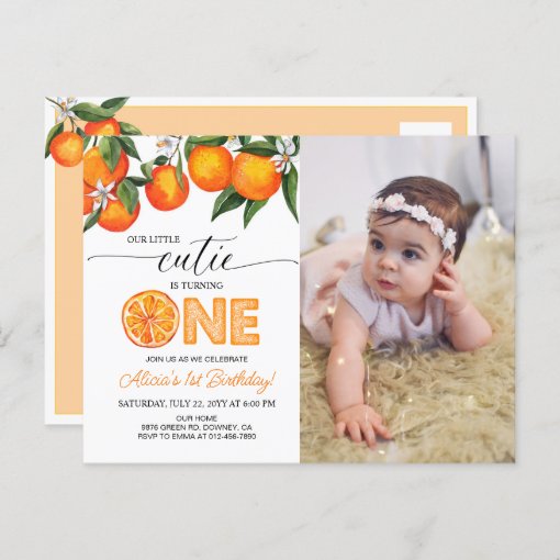 Photo Little Cutie Orange 1st Birthday Invitation Postcard Zazzle 6196