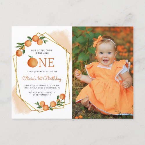 Photo Little Cutie Orange 1st Birthday Invitation Postcard