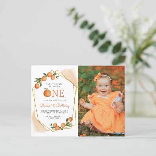 Photo Little Cutie Orange 1st Birthday Invitation Postcard Zazzle 4367