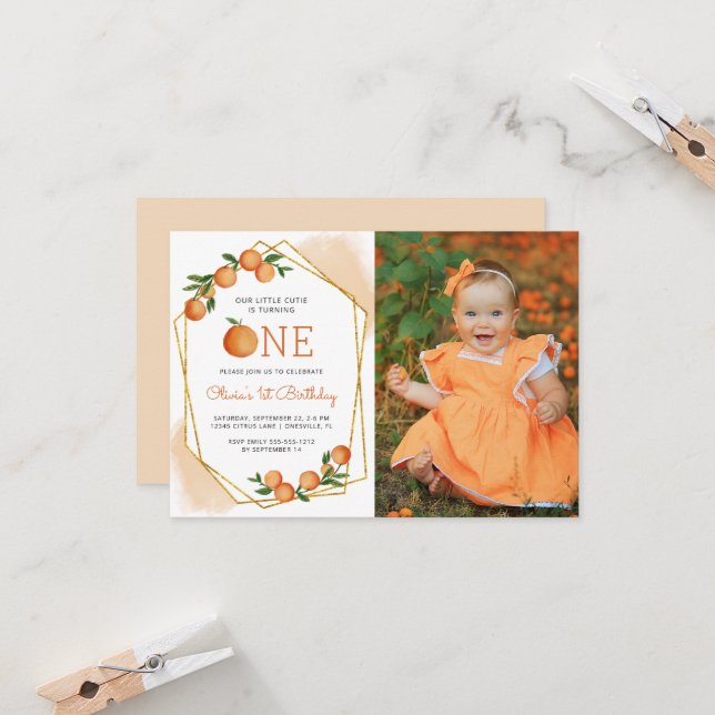 Photo Little Cutie Orange 1st Birthday Invite (Front/Back In Situ)