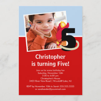 Photo Little Firefighter Boy Fifth Birthday Party Invitation
