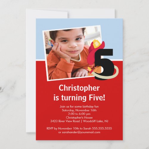Photo Little Firefighter Boy Fifth Birthday Party Invitation