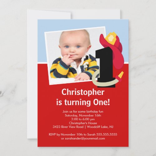 Photo Little Firefighter Boy First Birthday Party Invitation