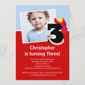 Photo Little Firefighter Boy Third Birthday Party Invitation