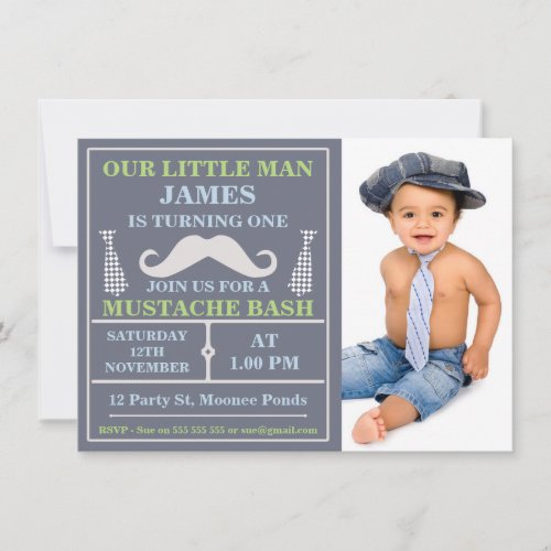Photo Little Man Mustache Birthday Invitation