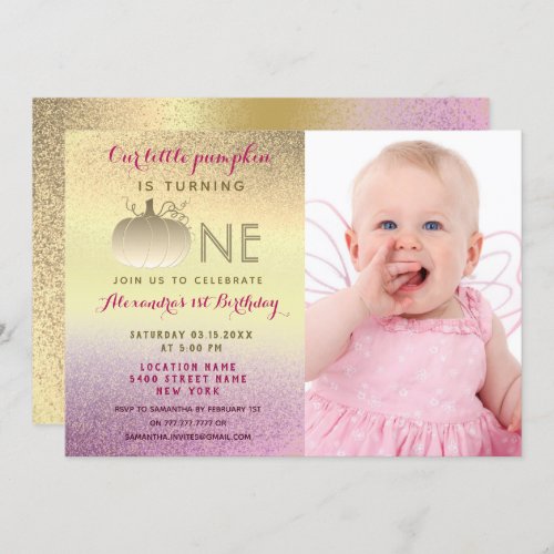 Photo Little Pumpkin 1st Birthday  Pink and Gold Invitation