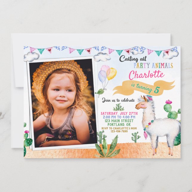 Photo Llama birthday invitation Alpaca invitation (Front)