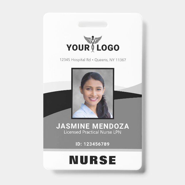 Photo Logo Black Gray Template Corporate Name ID Badge (Front)