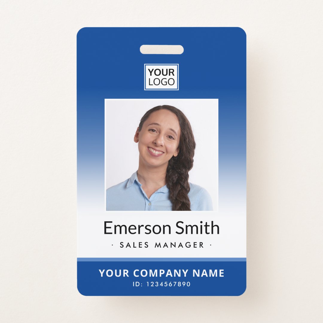 Photo logo blue gradient modern employee id badge | Zazzle