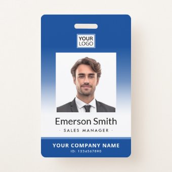 Photo logo blue gradient modern employee id badge | Zazzle