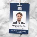 Photo logo dark blue gradient modern employee id badge<br><div class="desc">Upload your own logo and photo and make custom name tags and employee id badges for your company. Easy to use template. You can resize the photo, logo and bar code with the design tool. To resize the photo you first need to unmask it. Fonts and colors except the white...</div>