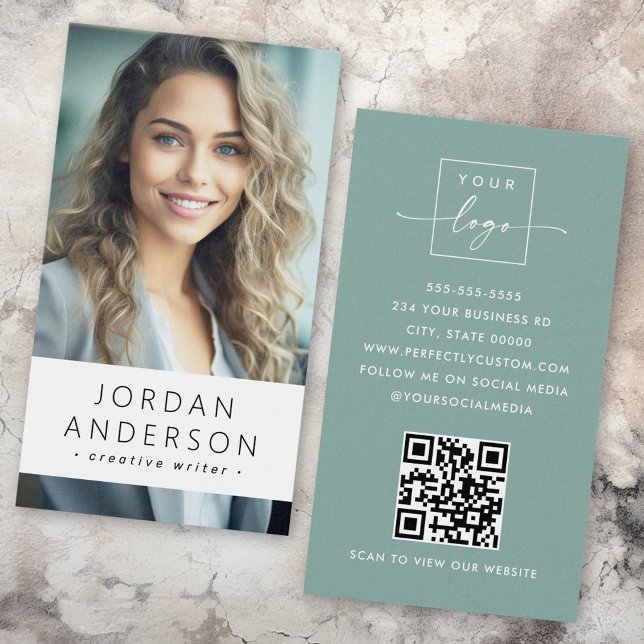 Photo logo QR code dusty sea green business card (Photo logo QR code dusty sea green business card)