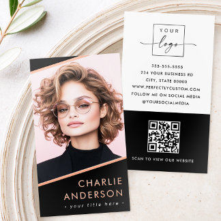 Photo logo QR code modern black professional Foil Business Cards