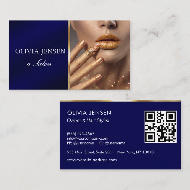 Photo logo QR code modern dark blue professional  Business Card (Front/Back)