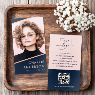 Photo logo QR code modern dark blue professional Foil Business Cards