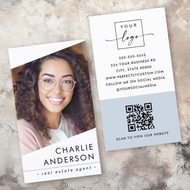 Photo logo QR code modern dusty blue professional Business Card (Photo logo QR code modern dusty blue professional Business Card)