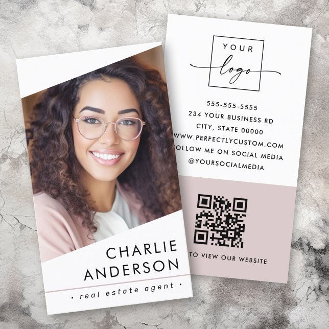 Photo logo QR code modern white light rose taupe Business Card (Photo logo QR code modern white light rose taupe Business Card)
