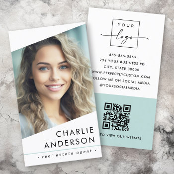 Photo Logo Qr Code Modern White Professional Business Card by PerfectlyCustom at Zazzle