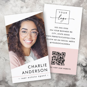 Photo Logo Qr Code Modern White Professional Business Card by PerfectlyCustom at Zazzle