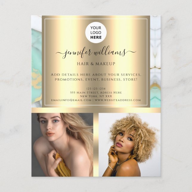 Photo Logo QR Code Promotional Gold Green Marble Flyer (Front)