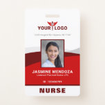 Photo Logo Red Template Employee Name Nurse ID Badge<br><div class="desc">Create your own DIY personalized red employee name tags and badges on this easy-to-use, modern template that you can add your own photo, business logo and other important company information onto. While the sophisticated design on these vertical professional name badges is shown for doctors, nurses and other medical staff, the...</div>