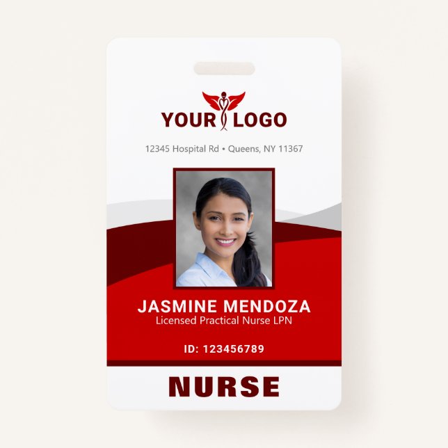 Photo Logo Red Template Employee Name Nurse ID Badge (Front)