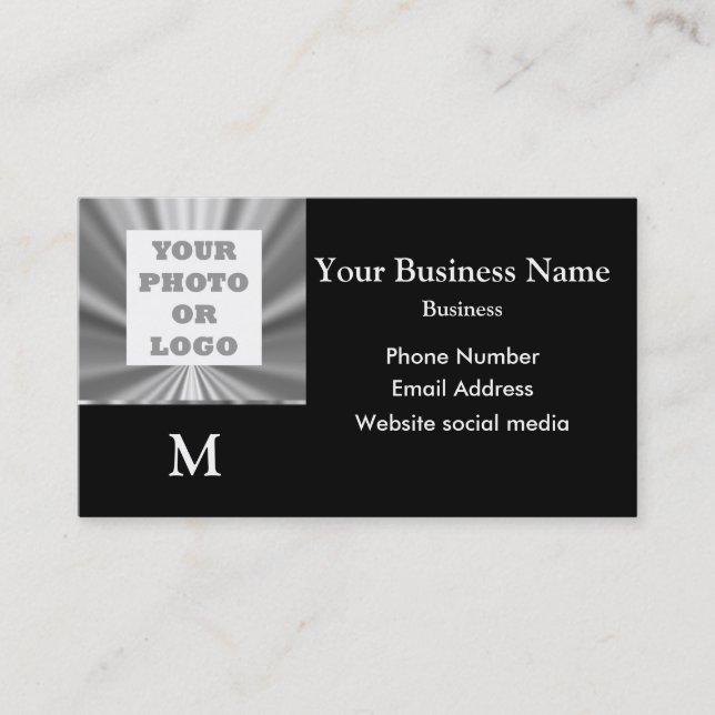 Photo logo silver gray and black metallic look business card (Front)