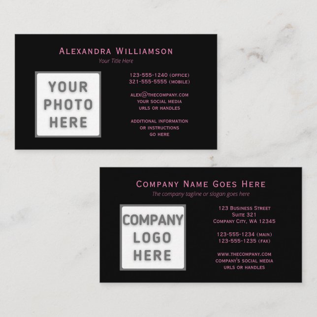 Photo Logo Template Double-Sided Pink Text Black Business Card (Front/Back)