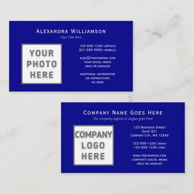 Photo Logo Template Horizontal Double-Sided Blue Business Card (Front/Back)