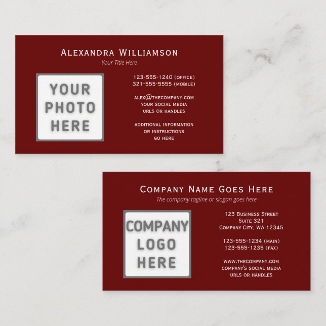Photo Logo Template Horizontal Double-Sided Maroon Business Card (Front/Back)