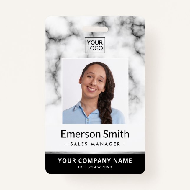 Photo logo white marble black modern employee id badge (Front)