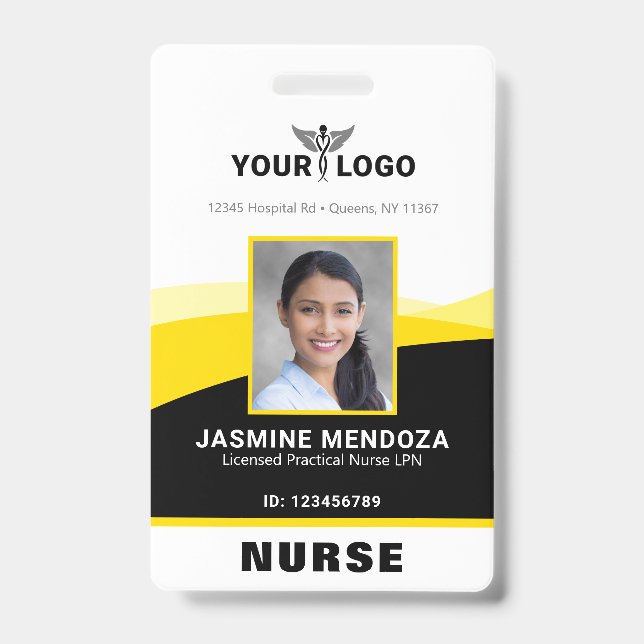 Photo Logo Yellow Black Template Corporate Name ID Badge (Front)