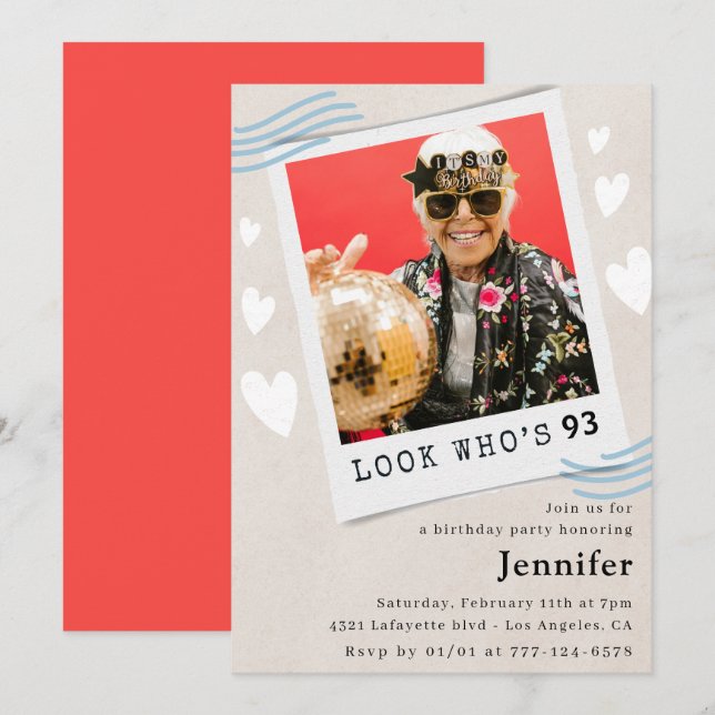 Photo Look who's turning 93rd birthday Invitation (Front/Back)
