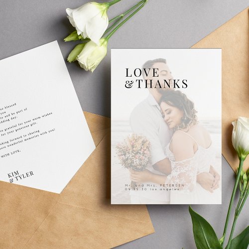 Photo love and thanks modern typography wedding thank you card