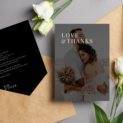 Photo love and thanks modern typography wedding thank you card