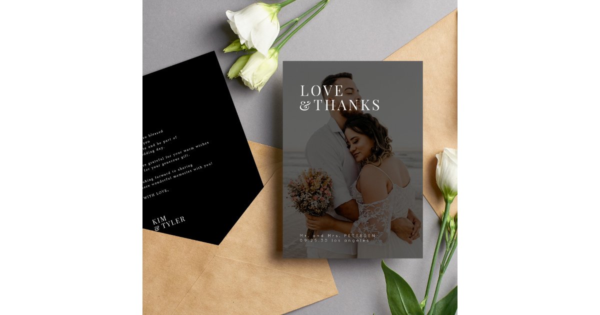 Photo love and thanks modern typography wedding thank you card | Zazzle
