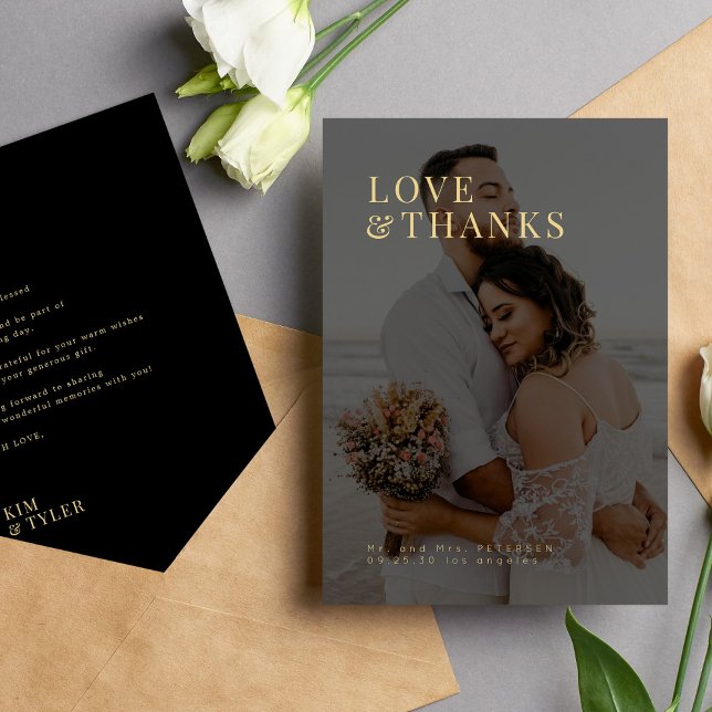 Photo love thanks modern gold typography wedding thank you card (Creator Uploaded)