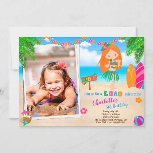 Photo Luau birthday invitation Hawaiian girl beach