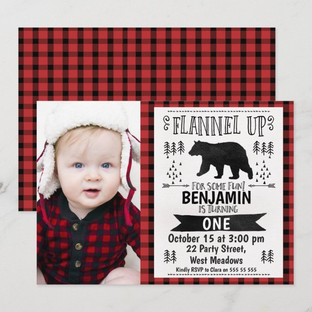 Photo Lumberjack 1st Birthday Invitation (Front/Back)