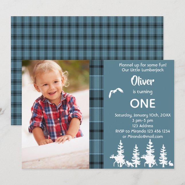 Photo lumberjack 1st birthday party blue boy invitation (Front/Back)