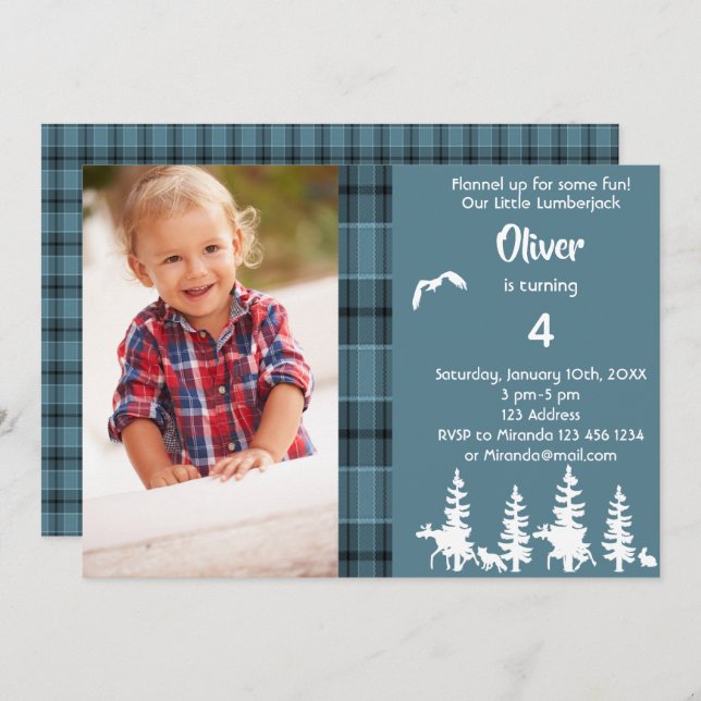 Photo lumberjack 4th birthday party blue boy invitation (Front/Back)