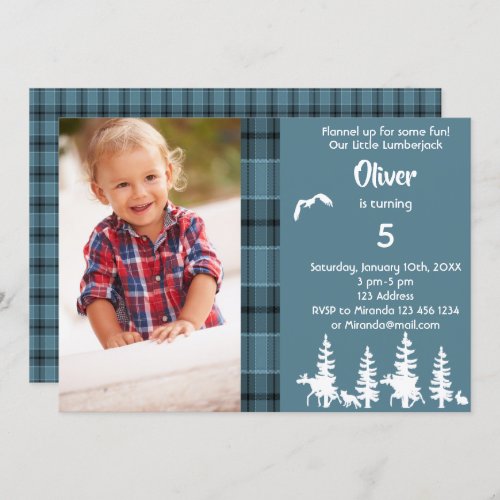 Photo lumberjack 5th birthday party blue boy invitation