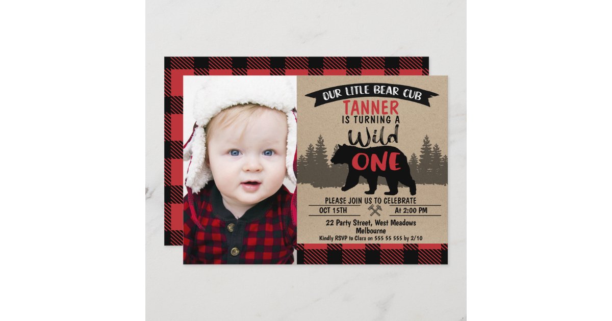 Photo Lumberjack Bear Cub 1st Birthday Invitation | Zazzle