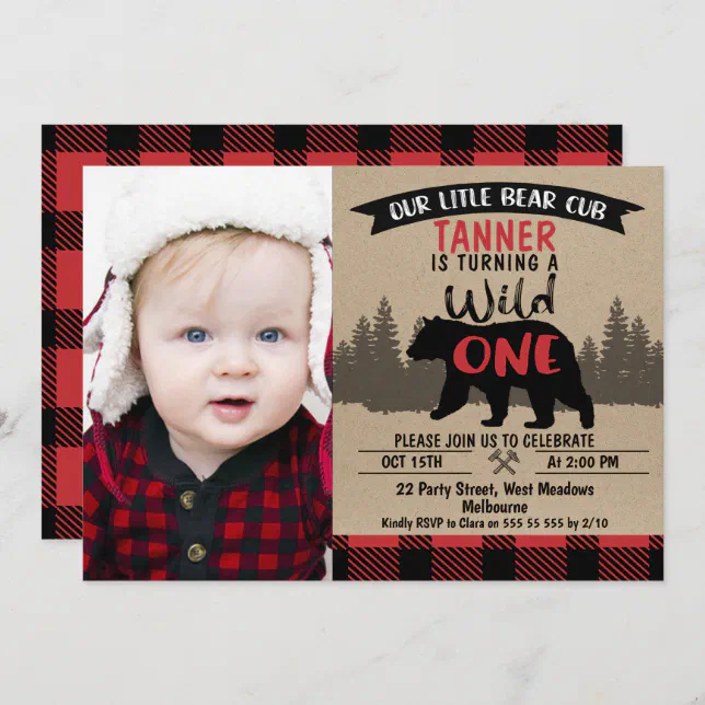 Photo Lumberjack Bear Cub 1st Birthday Invitation | Zazzle