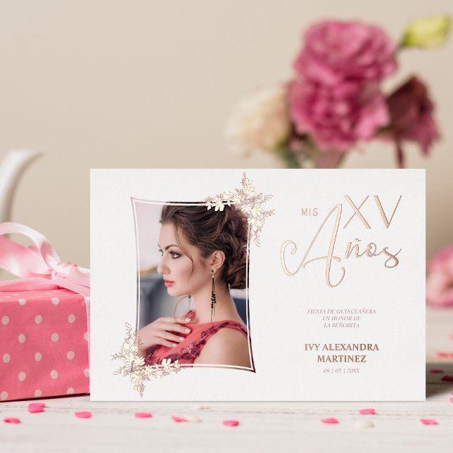 Photo Luxury Real Rose Gold Modern Botanical Frame Foil Invitation (Creator Uploaded)