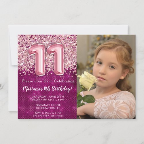 Photo Magenta Pink Glitter 11th Birthday  Invitation