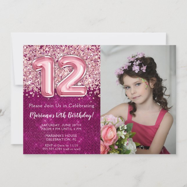 Photo Magenta Pink Glitter 12th Birthday Party Invitation (Front)