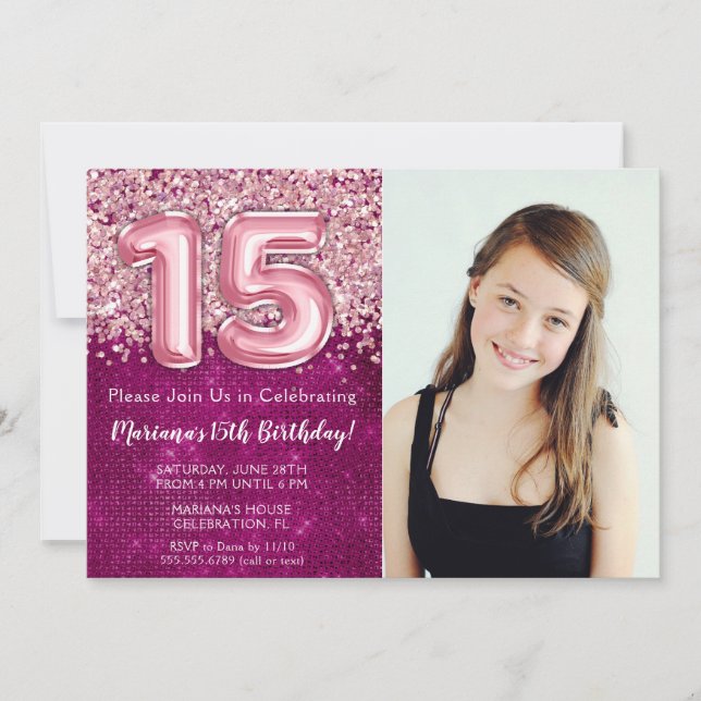 Photo Magenta Pink Glitter 15th Birthday Party Invitation (Front)